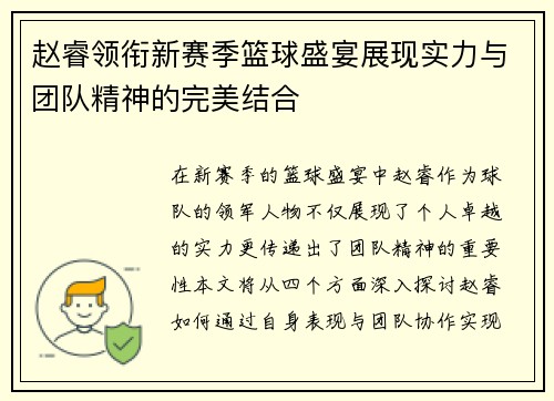 赵睿领衔新赛季篮球盛宴展现实力与团队精神的完美结合